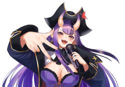Rule 34 | 1girl, ascot, black hat, black nails, breasts, captain hannah, cleavage, clothing cutout, coat, commentary, earrings, english commentary, fangs, fingernails, gudanco (nyanmeowzer), hat, heart, heart-shaped pupils, highres, holding, holding microphone, horns, indie virtual youtuber, jewelry, large breasts, long hair, looking at viewer, microphone, nail polish, oni horns, open clothes, open coat, open mouth, pantyhose, pirate, pointy ears, purple hair, rapping, red eyes, second-party source, solo, symbol-shaped pupils, tricorne, virtual youtuber, wing collar