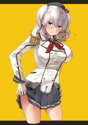 Rule 34 | 1girl, adjusting clothes, adjusting panties, beret, black panties, black skirt, blue eyes, breasts, commentary request, cropped legs, epaulettes, flying sweatdrops, gloves, grey hair, hat, highres, jacket, jouzaburou (joe3), kantai collection, kashima (kancolle), large breasts, long hair, long sleeves, looking at viewer, military jacket, military uniform, neckerchief, panties, pleated skirt, red neckerchief, sidelocks, skirt, smile, solo, tsurime, twintails, underwear, uniform, wavy hair, white gloves, yellow background