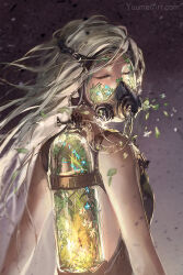 Rule 34 | 1girl, ashes, blue flower, closed eyes, flower, from behind, gas mask, highres, leaf, long hair, mask, motion blur, original, oxygen tank, plant, turning head, white flower, white hair, yuumei