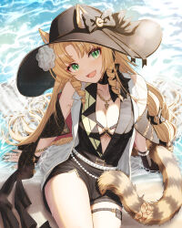 Rule 34 | 1girl, animal ears, arknights, artist name, bare shoulders, black hat, blonde hair, breasts, cat ears, cat girl, cat tail, cleavage, commentary request, drill hair, drill sidelocks, ears through headwear, fang, green eyes, hat, long hair, looking at viewer, medium breasts, official alternate costume, open mouth, shironekoban, sidelocks, sitting, slit pupils, solo, sun hat, swire (arknights), swire the elegant wit (arknights), tail, twitter username, very long hair, watermark