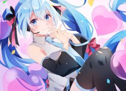 Rule 34 | 1girl, bare shoulders, black sleeves, black thighhighs, blue eyes, blue hair, blue necktie, bow, breasts, closed mouth, collared shirt, commentary request, confetti, detached sleeves, feet out of frame, grey shirt, hair between eyes, hair bow, hands up, hatsune miku, headphones, headset, heart, interlocked fingers, knees up, long hair, long sleeves, looking at viewer, necktie, own hands together, red bow, shirt, sleeveless, sleeveless shirt, small breasts, smile, solo, thighhighs, twintails, very long hair, vocaloid, wide sleeves, yuruno