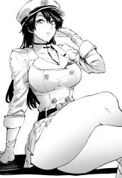 Rule 34 | 1girl, arm support, bambietta basterbine, belt, black hair, bleach, bleach: sennen kessen-hen, breasts, daraz, gloves, greyscale, hair between eyes, hat, highres, large breasts, crossed legs, long hair, long sleeves, looking at viewer, military, military uniform, miniskirt, monochrome, peaked cap, simple background, skirt, solo, thick thighs, thighs, uniform