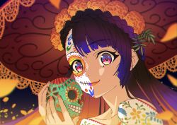 Rule 34 | 1girl, absurdres, blue eyes, blurry, blurry foreground, bodypaint, calavera, chama kou, closed mouth, dia de muertos, facepaint, halloween, hands up, hat, highres, holding, holding skull, lipstick, long hair, looking at viewer, makeup, multicolored eyes, nail polish, original, purple hair, skull, smile, solo, sombrero