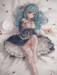Rule 34 | 1girl, azur lane, bad id, bad pixiv id, blue hair, blush, breasts, cleavage, collarbone, commentary request, detached sleeves, envelope, fancyark, feet, frilled skirt, frills, garter belt, garter straps, hair ornament, highres, leg lift, long hair, looking at viewer, lying, maid headdress, medium breasts, neptune (azur lane), no shoes, panties, pantyshot, petals, plate, ribbon, skirt, solo, thighhighs, underwear, white panties, white thighhighs, yellow eyes