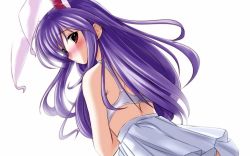 Rule 34 | 1girl, animal ears, back, bare shoulders, blush, bra, rabbit ears, caidychen, dutch angle, embarrassed, female focus, from behind, highres, jpeg artifacts, lingerie, long hair, looking back, no shirt, pink eyes, purple hair, red eyes, reisen udongein inaba, skirt, solo, touhou, underwear, wallpaper