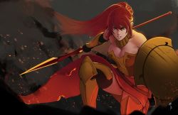 Rule 34 | 1girl, armor, breasts, cleavage, corset, embers, green eyes, jewelry, less, long hair, neck ring, necklace, on one knee, polearm, ponytail, pyrrha nikos, red hair, rwby, shield, skirt, spear, tiara, warrior, weapon