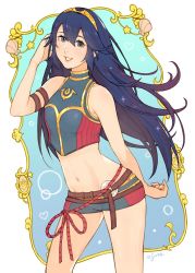 Rule 34 | 1girl, bare shoulders, blue eyes, blue hair, blush, fire emblem, fire emblem awakening, fire emblem cipher, flat chest, highres, jivke, long hair, looking at viewer, lucina (fire emblem), navel, nintendo, open mouth, short shorts, shorts, smile, solo, swimsuit, thighs, tiara