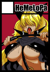 Rule 34 | 1girl, black border, border, breasts, candle, circle cut, cloak, dominatrix, earrings, fringe trim, hair over eyes, heavy breathing, horns, jewelry, large breasts, lipstick, long hair, makeup, one piece, open mouth, sadi-chan, solo, sweat, tongue, underboob, whip, yamada shiguma