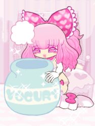 Rule 34 | 3d, animated, animated gif, artist request, blinking, blush, bow, bowtie, elbow gloves, gloves, hair bow, heart, heart-shaped pupils, indoors, jar, long hair, lowres, open mouth, pink bow, pink bowtie, pink eyes, pink hair, ponytail, single tooth, smile, sparkle, symbol-shaped pupils, tororiina (hecktop), tororin time, white gloves, yogurt