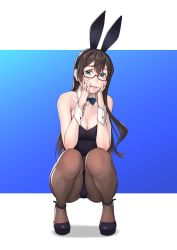Rule 34 | 1girl, animal ears, black bow, black bowtie, black hair, black leotard, black pantyhose, bow, bowtie, breasts, cleavage, detached collar, glasses, green eyes, highres, kantai collection, leotard, long hair, looking at viewer, ooyodo (kancolle), pantyhose, playboy bunny, rabbit ears, semi-rimless eyewear, small breasts, solo, squatting, strapless, strapless leotard, under-rim eyewear, wrist cuffs, yuuji (and)