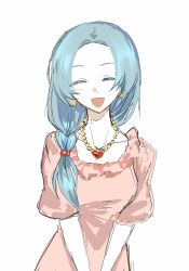 Rule 34 | 05980128sy, 1girl, blue hair, breasts, chinese commentary, closed eyes, commentary request, dress, earrings, enomoto noa, facing viewer, hair bobbles, hair ornament, heart, heart necklace, highres, jewelry, light blue hair, low ponytail, medium breasts, necklace, open mouth, parted bangs, pink dress, puffy short sleeves, puffy sleeves, saibou shinkyoku, short sleeves, side ponytail, simple background, sketch, smile, solo, star (symbol), star earrings, upper body, white background