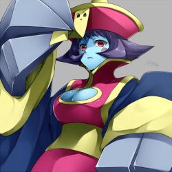 Rule 34 | 1girl, blue skin, breasts, chinese clothes, cleavage, cleavage cutout, clothing cutout, colored skin, grey background, hat, jiangshi, large breasts, lei lei, looking at viewer, purple hair, qingdai guanmao, red eyes, short hair, signature, simple background, solo, takatsuki ichi, vampire (game)