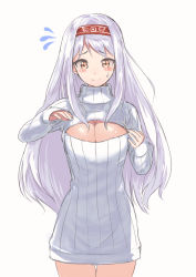 Rule 34 | 10s, 1girl, blush, breasts, cleavage, cleavage cutout, clothing cutout, flying sweatdrops, hairband, kantai collection, long hair, meme attire, open-chest sweater, red eyes, ribbed sweater, sensen, shoukaku (kancolle), simple background, sleeves past wrists, solo, sweatdrop, sweater, white hair