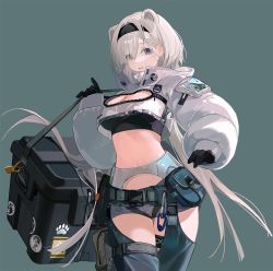 Rule 34 | 1girl, animal ears, arknights, aurora (arknights), bear ears, black gloves, black hairband, black shirt, breasts, cleavage, cleavage cutout, clothing cutout, cowboy shot, crop top, crop top overhang, cropped jacket, eyes visible through hair, gloves, grey background, grey eyes, grin, hair over one eye, hairband, hand up, jacket, johnsmith (icannotname), large breasts, long sleeves, looking at viewer, midriff, parted lips, shirt, short hair, silver hair, simple background, smile, solo, standing, stomach, thighs, white jacket