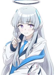Rule 34 | 1girl, blue archive, blue necktie, blush, brilliantko, closed mouth, collared shirt, commentary request, grey hair, halo, highres, jacket, long hair, long sleeves, looking at viewer, necktie, noa (blue archive), open clothes, open jacket, purple eyes, shirt, sidelocks, simple background, solo, upper body, very long hair, white background, white jacket, white shirt