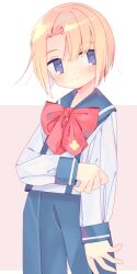 Rule 34 | 1girl, 2y (tsuyu), blue eyes, blue pants, blush, bow, brain powered, head tilt, kant kestner, looking to the side, open hand, orange hair, pants, pink background, red bow, sailor collar, shirt, short hair, sleeves past wrists, smile, solo, two-tone background, white background, white shirt