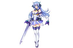 Rule 34 | 1girl, aqua eyes, armlet, bare shoulders, blue dress, blue gemstone, blue hair, blue skirt, breasts, cleavage, cleavage cutout, clothing cutout, dress, elbow gloves, exs-tia, flower knight girl, gem, gloves, hair intakes, headgear, holding, holding sword, holding weapon, katsuragi marina, kouyoku senki exs-tia, large breasts, long hair, magical girl, open mouth, pleated skirt, simple background, skirt, smile, solo, standing, straight hair, sword, tachi-e, thighhighs, weapon, white background, white footwear, white gloves, zettai ryouiki