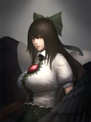 Rule 34 | 1girl, arm cannon, black hair, black wings, bow, breasts, cape, cowboy shot, expressionless, feathered wings, female focus, gradient background, green skirt, grey background, hair bow, large breasts, lips, long hair, looking at viewer, looking to the side, minami koyogi, nose, puffy short sleeves, puffy sleeves, red eyes, reiuji utsuho, shirt, short sleeves, skirt, solo, third eye, touhou, weapon, white shirt, wings