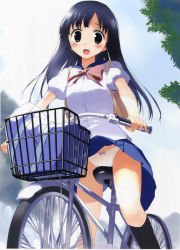 Rule 34 | 1girl, absurdres, bag, bicycle, black hair, black socks, blouse, blue skirt, blush, bow, bow panties, clothes lift, day, from behind, from below, green eyes, highres, hima, kneehighs, legs, long hair, looking at viewer, looking down, open mouth, original, outdoors, panties, pantyshot, pleated skirt, puffy short sleeves, puffy sleeves, red bow, riding, school bag, school uniform, shirt, short sleeves, sitting, skirt, skirt lift, sky, socks, solo, sunlight, underwear, upskirt, white panties, white shirt