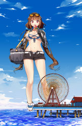 Rule 34 | 1girl, absurdres, artist name, belt, bikini, black shorts, blue sky, breasts, brown hair, cleavage, cloud, commentary, eating, english commentary, eudetenis, ferris wheel, food, giant, giantess, girls&#039; frontline, highres, holding, holding food, js 9 (girls&#039; frontline), js 9 (orca&#039;s journey) (girls&#039; frontline), large breasts, layered bikini, low twintails, mechanical arms, mole, mole under eye, navel, ocean, official alternate costume, open clothes, open fly, open mouth, open shorts, popsicle, prosthesis, prosthetic arm, red eyes, short shorts, shorts, sky, solo, swimsuit, twintails, unbuttoned, watermelon bar, white belt, white bikini