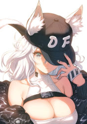 Rule 34 | 1girl, absurdres, adjusting clothes, adjusting headwear, animal ear fluff, animal ears, bare shoulders, baseball cap, black jacket, blue eyes, breasts, cleavage, covered collarbone, fingernails, hand up, hat, highres, jacket, large breasts, long hair, long sleeves, looking at viewer, nail polish, off shoulder, open mouth, original, saitou masatsugu, scan, silver hair, simple background, sleeveless, solo, turtleneck, upper body