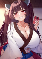 Rule 34 | 1girl, absurdres, age progression, blue skirt, blush, breasts, brown hair, cellphone, cleavage, collarbone, grin, highres, holding, holding phone, huge breasts, large breasts, lips, long hair, nail polish, parted lips, phone, pink nails, red eyes, skirt, smartphone, smile, solo, teeth, tenneko yuuri, touhoku kiritan, twintails, voiceroid