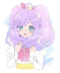 Rule 34 | 1girl, blue eyes, blush, bow, hair bow, hair scarf, head tilt, highres, juliet sleeves, long hair, long sleeves, looking at viewer, manaka laala, nojima minami, open mouth, pink bow, pretty series, pripara, puffy sleeves, purple hair, red bow, shirt, shirt tucked in, smile, solo, twintails, upper body, white shirt