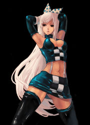 Rule 34 | 1girl, absurdres, armpits, arms behind head, arms up, bare shoulders, black background, black thighhighs, bow, breasts, cleavage, cleavage cutout, clothing cutout, crop top, dungeon and fighter, elbow gloves, fighter (dungeon and fighter), gloves, gluteal fold, hair bow, highres, long hair, medium breasts, midriff, miniskirt, navel, parted lips, pencil skirt, polka dot, polka dot bow, qbspdl, red eyes, revision, simple background, skirt, solo, suspenders, thighhighs, very long hair, white hair