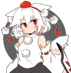 Rule 34 | 1girl, animal ears, bare shoulders, black skirt, blush, closed mouth, detached sleeves, hair between eyes, hat, ini (inunabe00), inubashiri momiji, japanese clothes, pom pom (clothes), red eyes, red hat, ribbon-trimmed sleeves, ribbon trim, shield, short hair, skirt, solo, tokin hat, touhou, upper body, white hair, wide sleeves, wolf ears