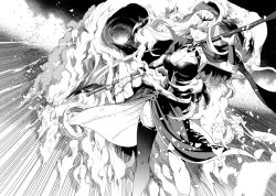 Rule 34 | 1girl, absurdres, breasts, cape, cleavage, cleavage cutout, clothing cutout, dress, fire, floating cape, floating hair, greyscale, henshin, highres, holding, holding scythe, hololive, hololive english, large breasts, long hair, looking at viewer, monochrome, mori calliope, morishima hitoshi, parted lips, scythe, single thighhigh, smile, solo, thighhighs, tiara, veil, virtual youtuber