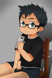 Rule 34 | 1boy, blush, bulge, censored, chair, copyright request, erection, glasses, highres, male focus, penis, phone, smile, solo, underwear