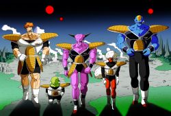 Rule 34 | &gt;:), 5boys, armor, blue skin, body armor, boots, brown hair, burter, captain ginyu, clenched hands, collarbone, colored skin, crater, dragon ball, dragonball z, evil smile, ginyu force, gloves, grass, green eyes, green skin, guldo, hands on own hips, highres, iron tonic, jeice, long hair, multiple boys, muscular, open mouth, purple skin, recoome, red eyes, red skin, scouter, shadow, shinomiya akino, smile, spikes, steam, v-shaped eyebrows, veins, walking, white hair