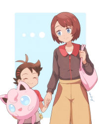 Rule 34 | 1boy, 1girl, aged down, bad id, bad pixiv id, bag, black sweater, blue background, blue eyes, blush, blush stickers, border, breasts, brown hair, brown pants, camille (pokemon), character doll, commentary request, creatures (company), dark-skinned male, dark skin, doll, closed eyes, game freak, gen 1 pokemon, goh (pokemon), holding, holding doll, holding hands, jigglypuff, mei (maysroom), mother and son, nintendo, pants, pink bag, pokemon, pokemon (anime), pokemon (creature), pokemon journeys, red shirt, shirt, shoulder bag, signature, small breasts, smile, standing, stuffed toy, sweater, white border