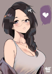 Rule 34 | 1girl, absurdres, aliasing, artist name, black hair, braid, braided ponytail, breasts, cleavage, commentary, earrings, english commentary, glasses, hair over shoulder, heart, highres, jacket, jewelry, long hair, medium breasts, mole, mole under eye, norman maggot, original, parted lips, pendant, round eyewear, shirt, simple background, single braid, solo, spoken heart, stephanie (norman maggot), stud earrings, unworn jacket, upper body