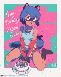 Rule 34 | 1girl, animal ears, blue hair, brand new animal, cake, character name, collarbone, dated, food, furry, furry female, green eyes, happy birthday, jacket, kagemori michiru, looking at viewer, michirutnk, multicolored background, multicolored eyes, pink eyes, raccoon ears, raccoon girl, raccoon tail, red jacket, short hair, sitting, solo, tail, thighs, track jacket