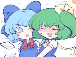 Rule 34 | 2girls, blue dress, blue eyes, blue hair, blush, bow, chahan (fried rice0614), cirno, closed eyes, daiyousei, dress, fairy wings, green hair, hug, ice, ice wings, multiple girls, red bow, ribbon, sun, sweat, touhou, white background, white sleeves, wings, yellow ribbon