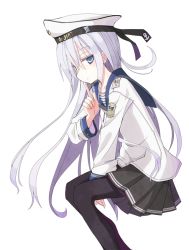 Rule 34 | 10s, 1girl, anchor symbol, between legs, blue eyes, collarbone, finger to mouth, from side, hand between legs, hat, hibiki (kancolle), kantai collection, long hair, looking at viewer, mochiki, neckerchief, pantyhose, pleated skirt, russian text, sailor hat, school uniform, serafuku, silver hair, skirt, solo, uniform, verniy (kancolle), white background