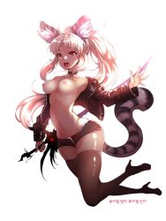 Rule 34 | 10s, 1girl, animal ear fluff, animal ears, armpits, black thighhighs, blade &amp; soul, blonde hair, breasts, cat ears, cat tail, cropped jacket, high heels, jacket, jewelry, jumping, korean text, long hair, lowleg, lowleg shorts, lyn (blade &amp; soul), navel, necklace, nipples, no bra, no shirt, off shoulder, open mouth, outstretched arms, ponytail, red eyes, shoes, short shorts, shorts, simple background, smd (dsuz5554), solo, sword, tail, thighhighs, thighs, tiger ears, tiger tail, very long hair, weapon, white background