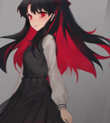 Rule 34 | 1girl, absurdres, arms at sides, black hair, black skirt, black vest, bow, closed mouth, colored inner hair, fate/grand order, fate (series), grey background, hair bow, highres, ishtar (fate), long hair, long sleeves, looking at viewer, multicolored hair, oyabuli, pleated skirt, red eyes, shirt, skirt, smile, solo, space ishtar (fate), standing, vest, white shirt