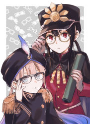 Rule 34 | :o, bespectacled, black cape, black hair, blue hair, brown-framed eyewear, brown hair, cape, captain nemo (fate), closed mouth, crest, eyebrows hidden by hair, family crest, fate/grand order, fate (series), glasses, gloves, gradient hair, grey background, hair between eyes, hat, highres, holding, koha-ace, long sleeves, low ponytail, multicolored hair, nemo (fate), oda nobukatsu (fate), oda uri, parted lips, peaked cap, ponytail, red eyes, red shirt, round eyewear, shirt, tachitsu teto, turban, two-tone background, upper body, white background, white gloves