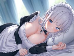 Rule 34 | 1girl, apron, bed, bed sheet, black dress, blue eyes, blunt bangs, blush, braid, breasts, cleavage, closed mouth, curtains, detached collar, dress, grey hair, highres, indoors, jfjf, large breasts, long hair, long sleeves, looking at viewer, lying, maid, maid apron, maid headdress, non-web source, on bed, on side, original, pillow, sidelocks, smile, solo, white apron, window