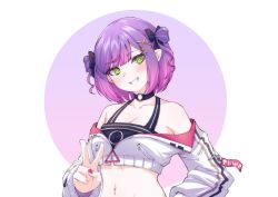 Rule 34 | 1girl, absurdres, breasts, choker, collarbone, crop top, cropped jacket, green eyes, hair ornament, hairclip, head tilt, highres, hololive, jacket, looking at viewer, medium breasts, midriff, navel, navel piercing, o-ring, o-ring choker, piercing, pointy ears, purple hair, short hair, smile, solo, tokoyami towa, two side up, v, valefal coneri, virtual youtuber, white jacket