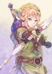 Rule 34 | 1boy, aiming, aiming at viewer, belt, blonde hair, blue eyes, bow (weapon), earrings, fromchawen, hat, holding, holding bow (weapon), holding weapon, jewelry, link, male focus, nintendo, pointy ears, shield, shield on back, solo, sword, the legend of zelda, the legend of zelda: skyward sword, weapon
