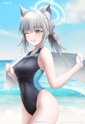 Rule 34 | 1girl, animal ear fluff, animal ears, black one-piece swimsuit, blue archive, blue eyes, blue sky, breasts, cloud, commentary request, competition swimsuit, covered navel, cowboy shot, cross hair ornament, day, extra ears, grey hair, hair ornament, halo, highres, low ponytail, medium breasts, medium hair, mismatched pupils, multicolored clothes, multicolored swimsuit, official alternate costume, one-piece swimsuit, one eye closed, outdoors, parted lips, partial commentary, shiroko (blue archive), shiroko (swimsuit) (blue archive), sky, smile, solo, swimsuit, towel, white towel, wolf ears, yokaze (yokajie)
