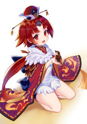Rule 34 | 1girl, :d, artist name, benienma (fate), bird, bird on hand, eurasian tree sparrow, fate/grand order, fate (series), hat, horns, looking at viewer, low ponytail, open mouth, ponytail, red eyes, red hair, sakanasoko, seiza, simple background, single horn, sitting, smile, solo, sparrow, white background, wide sleeves