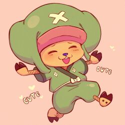 Rule 34 | 1boy, :3, ^ ^, blue nose, blush, closed eyes, commentary, cross, english commentary, english text, full body, green jumpsuit, hat, heart, highres, hooded jumpsuit, jumpsuit, lowrri, male focus, one piece, outstretched arms, simple background, solo, tony tony chopper
