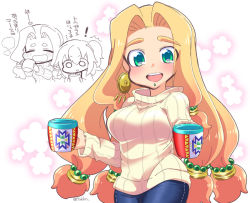 Rule 34 | 2girls, :d, aztec, beads, blonde hair, blue pants, blush, breasts, chin piercing, cup, denim, earrings, eyebrows, eyes visible through hair, fate/grand order, fate (series), fujimaru ritsuka (female), green eyes, hair beads, hair intakes, hair ornament, holding, holding cup, jeans, jewelry, large breasts, long hair, long sleeves, looking at viewer, low-tied long hair, multiple girls, open mouth, pants, piercing, quetzalcoatl (fate), ribbed sweater, smile, sweater, teeth, translation request, tsukko (3ki2ne10), turtleneck, turtleneck sweater, twitter username, very long hair, white sweater