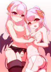 Rule 34 | 2girls, ass, betoko, blush, grabbing another&#039;s breast, breasts, cleft of venus, crotchless, crotchless panties, demon girl, demon tail, demon wings, garter belt, grabbing, harigane shinshi, highres, holding hands, horns, interlocked fingers, lace, lace-trimmed legwear, lace panties, lace trim, long hair, looking at viewer, multiple girls, nakame, nipples, nude, open mouth, original, panties, pink hair, pointy ears, purple eyes, pussy, red eyes, small breasts, tail, thighhighs, topless, uncensored, underwear, wings