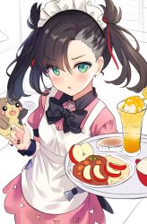 Rule 34 | 1girl, apple, apple slice, apron, asymmetrical bangs, black bow, black hair, black nails, blush, bow, collared shirt, commentary, creatures (company), cup, curry, curry rice, dress, drinking glass, english commentary, food, fruit, game freak, gen 8 pokemon, green eyes, hair ribbon, highres, hitsukuya, holding, holding tray, ice cream, ice cream float, looking at viewer, maid headdress, marnie (pokemon), morpeko, morpeko (full), nail polish, nintendo, parted lips, pink dress, plate, pokemon, pokemon (creature), pokemon swsh, puffy short sleeves, puffy sleeves, red apple, red ribbon, ribbon, rice, shirt, short sleeves, tray, twintails, unfinished, white apron, wrist cuffs