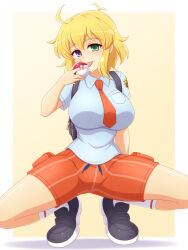 Rule 34 | 1girl, :3, :q, ahoge, backpack, bag, black bag, black footwear, blonde hair, blue eyes, blue shirt, blush, breast pocket, breasts, collared shirt, cosplay, creatures (company), crossover, emblem, game freak, green eyes, heterochromia, holding, holding poke ball, juliana (pokemon), juliana (pokemon) (cosplay), kneehighs, large breasts, licking object, looking at viewer, messy hair, naranja academy (emblem), naranja academy school uniform, necktie, nintendo, orange necktie, orange pants, orange shorts, pants, pocket, poke ball, poke ball (basic), pokemon, pokemon sv, ryouna (senran kagura), school uniform, senran kagura, senran kagura shinovi versus, shiny skin, shirt, shoes, short hair, short sleeves, shorts, smile, socks, solo, squatting, striped clothes, striped shorts, thighs, tongue, tongue out, two-tone background, vertical-striped clothes, vertical-striped shorts, white background, white socks, yellow background, zetsumu